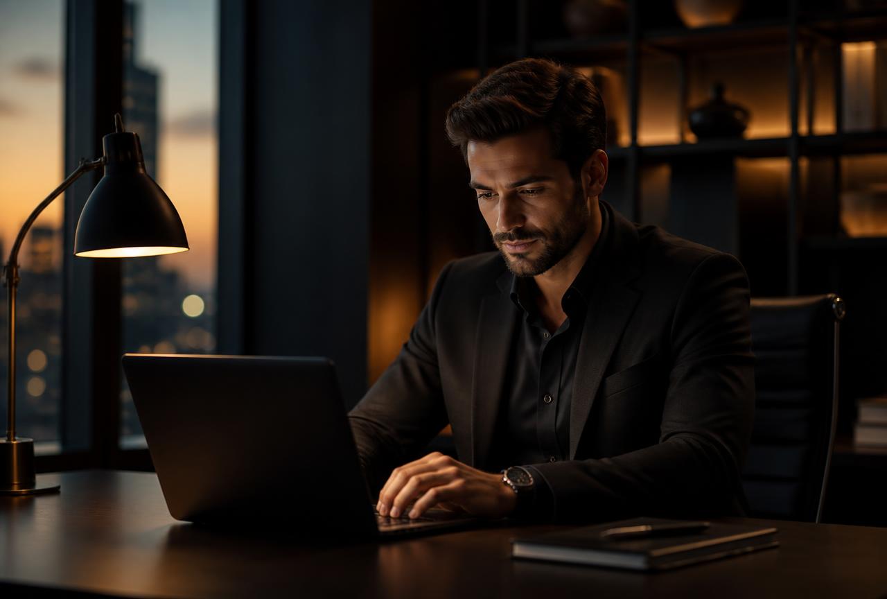 Entrepreneur working late at a desk in a dark office