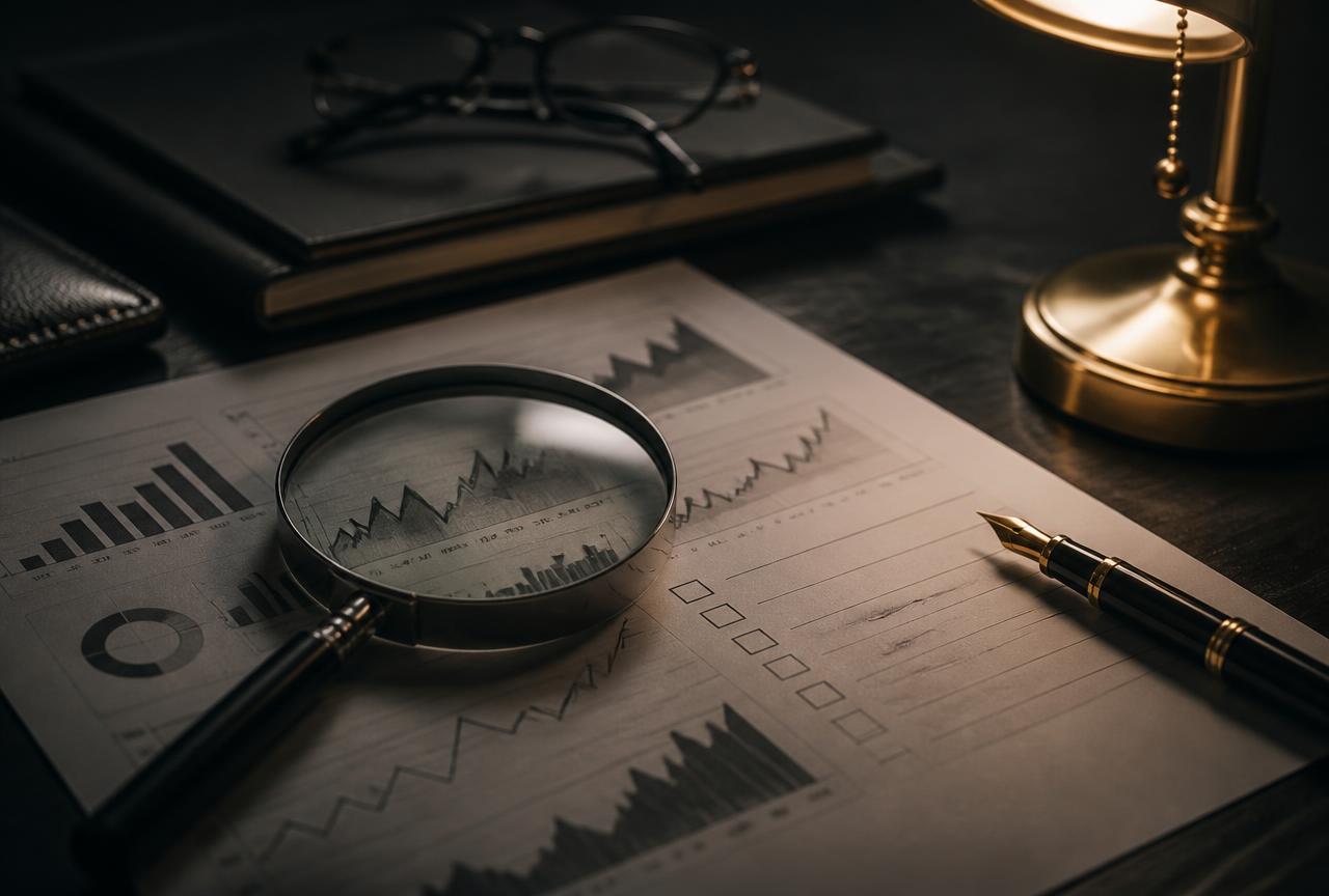 Magnifying glass over printed financial reports and a checklist