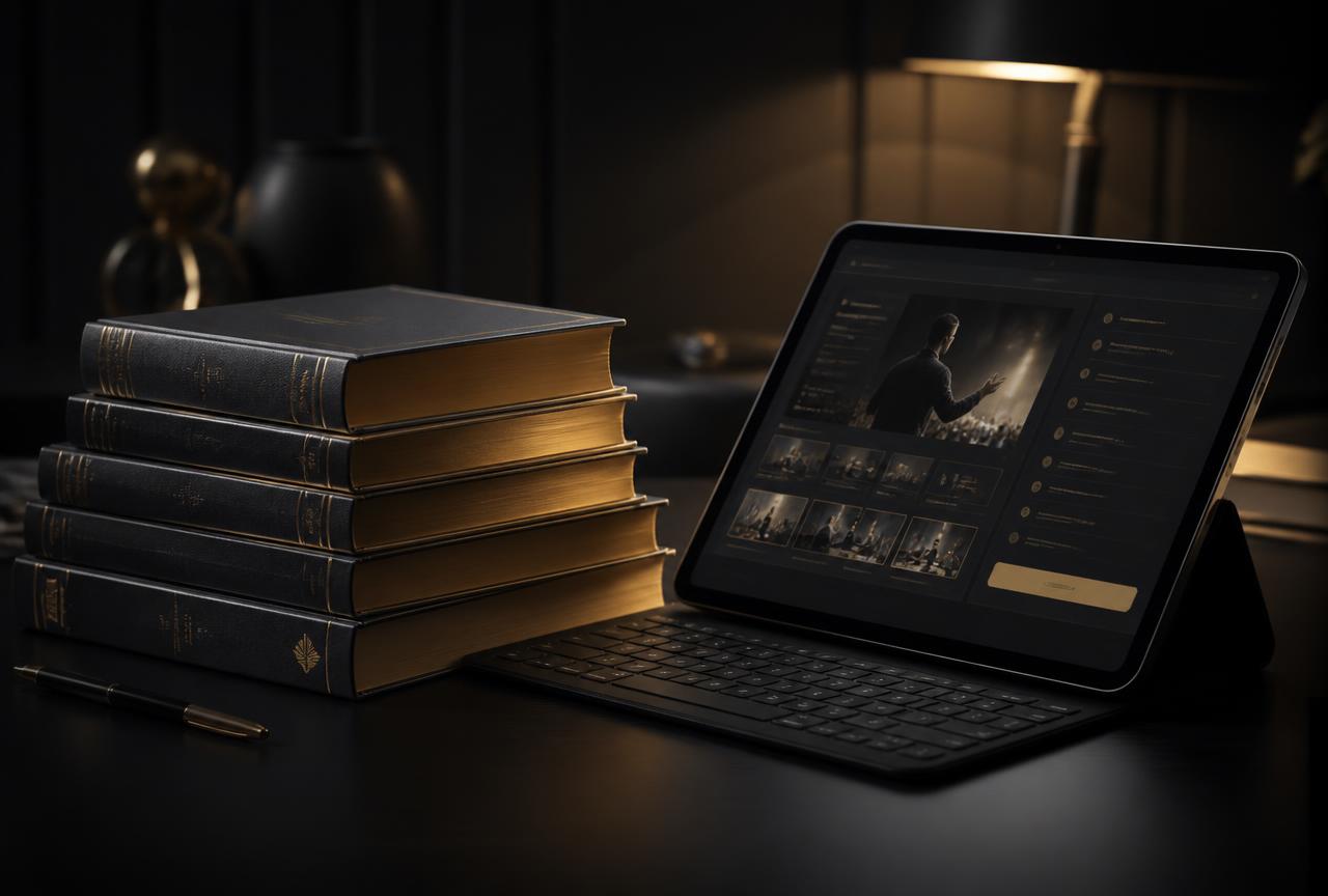 Stack of premium books beside a tablet showing a digital course