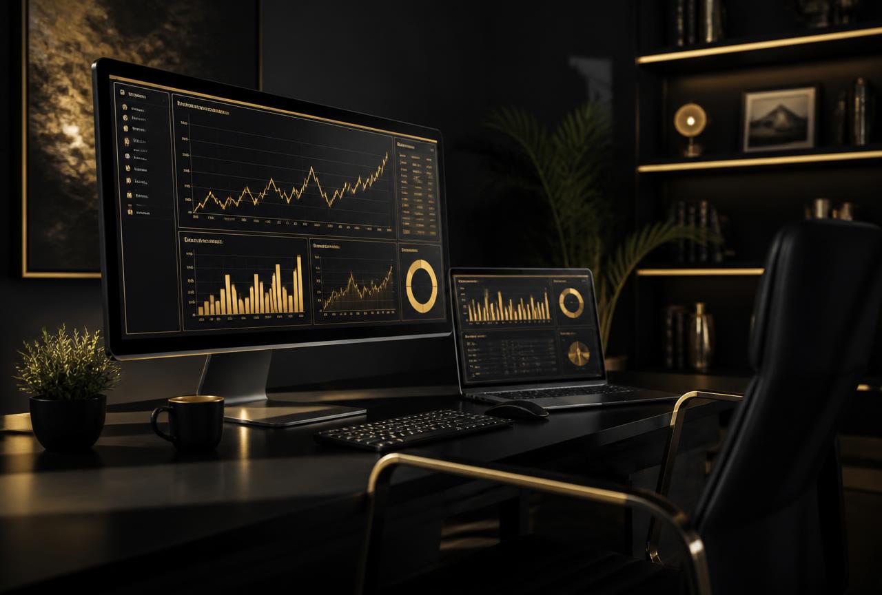 Dark office desk with glowing marketing analytics dashboards
