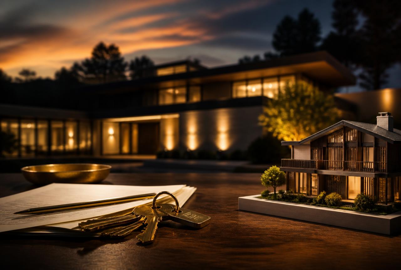 House keys and property documents beside an architectural model at dusk